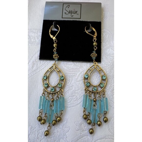 Nordstrom Sequin Pale Gold & Blue Beads Tassel Dangle Drop Earrings Teardrop NEW - Picture 6 of 10